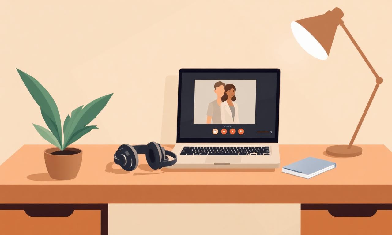 Ruhiger Therapieraum mit Laptop und Kopfhörern, vorbereitet für eine Videositzung