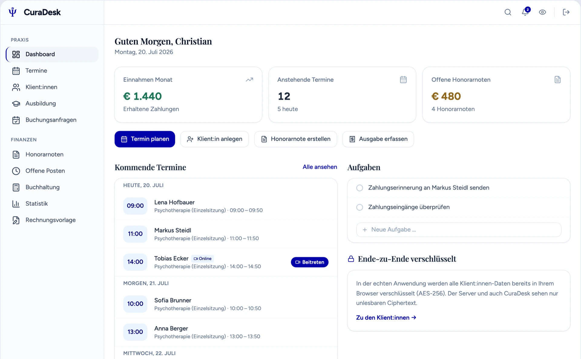 CuraDesk Praxis-Dashboard mit Kalender-Wochenansicht, Karte für den nächsten Termin und Umsatzübersicht